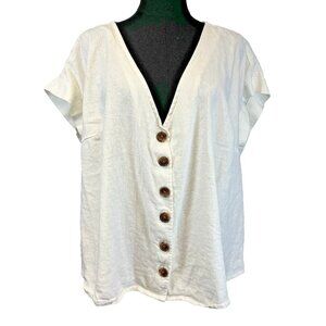 ModCloth Womens Size 1X Linen Blend Top Button Up Lagenlook Cottagecore‎ Coastal